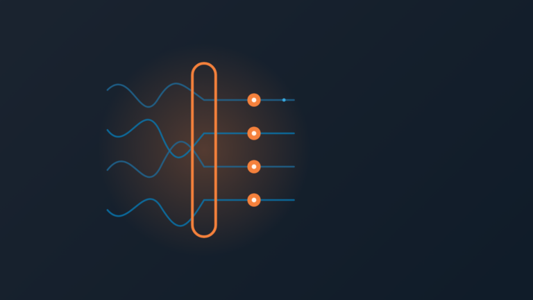 Abstract cover: four tangled blue threads on the left straighten into parallel lines after passing through an orange gate, each ending in a glowing orange dot