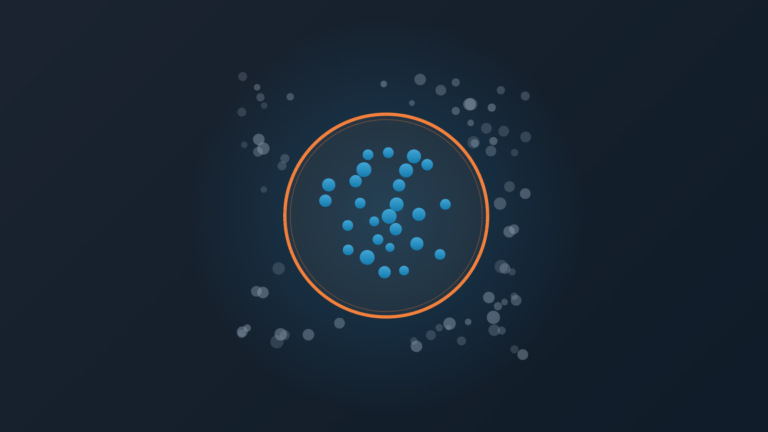 A cluster of blue dots circled by an orange ring, surrounded by scattered grey dots, showing the small group of customers that fit an ideal customer profile
