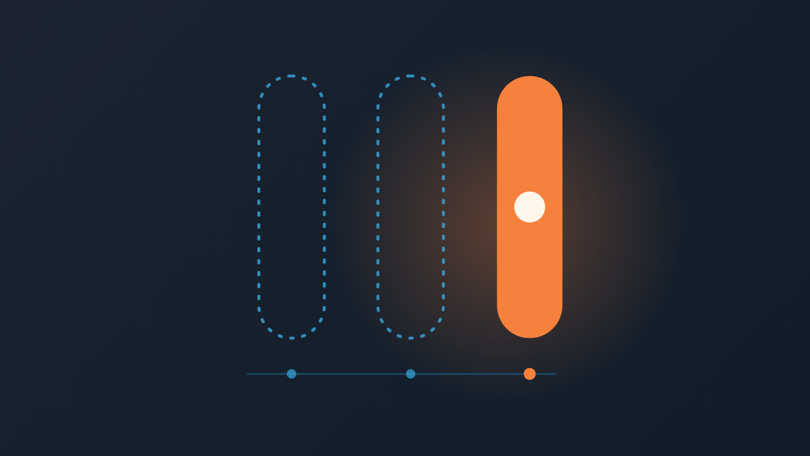 Abstract cover: three tall capsules in a row, the two on the left drawn as empty dotted outlines and the one on the right filled solid orange with a glowing core