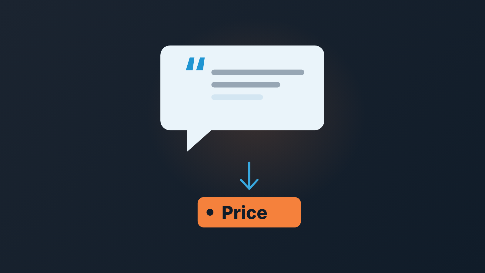 A speech bubble with a buyer's quote and an arrow pointing down to an orange tag that reads "Price".