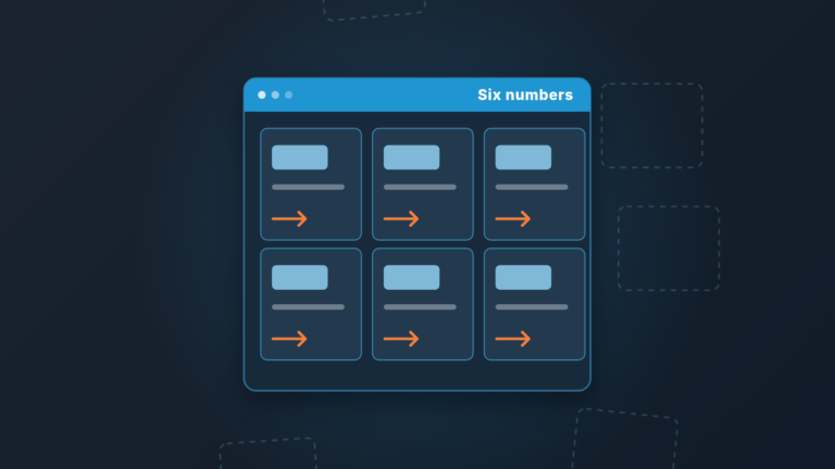 Wireframe of a dashboard screen with six tiles, each ending in an arrow, while faded tiles drift off the edge