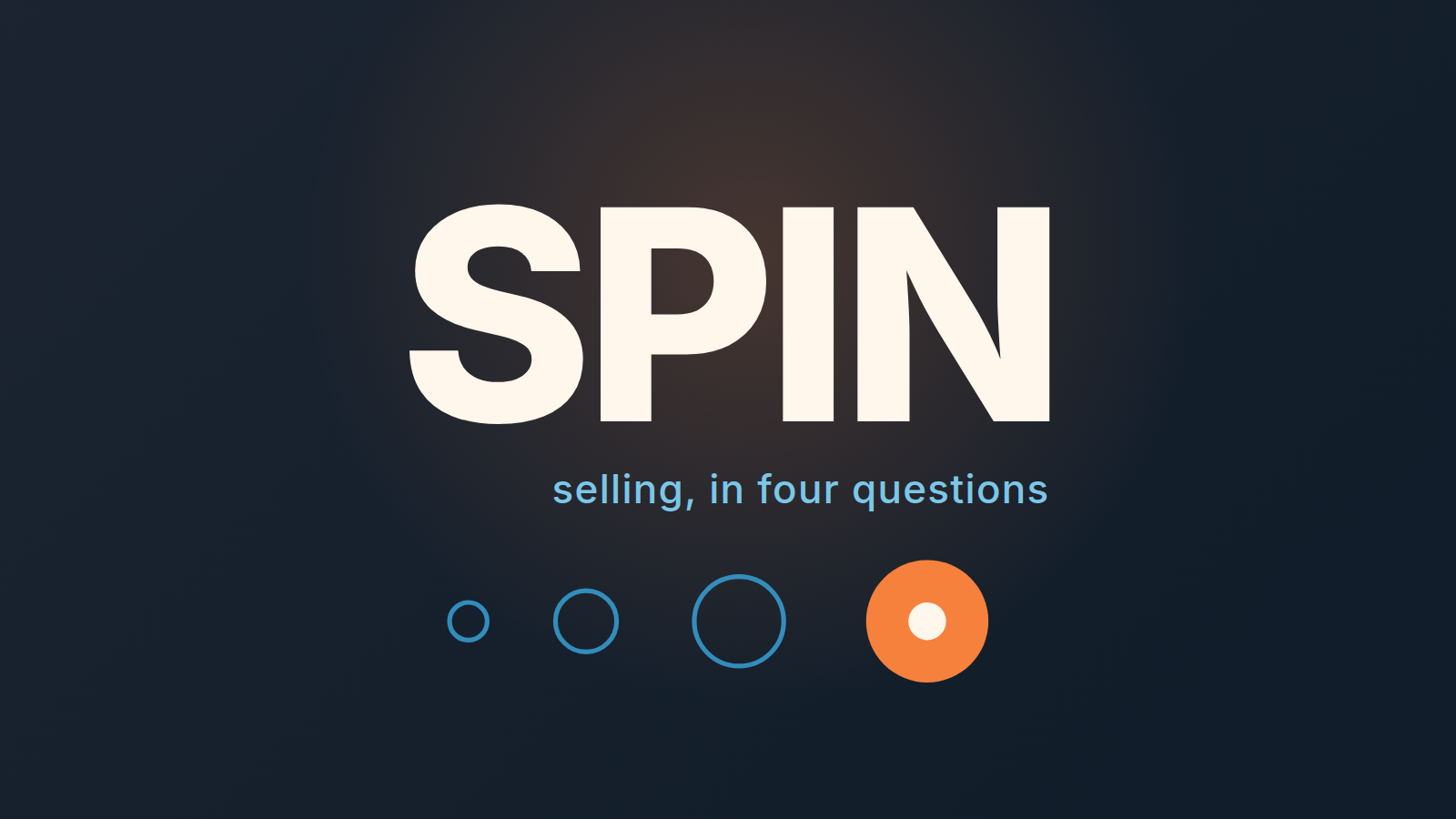 Dark cover with the word SPIN in large white letters on the right and four circles below it, growing in size, the last one filled orange.