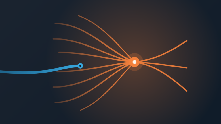 Abstract cover: a dense bundle of warm orange threads converges on a glowing knot on the right, while one thick cold blue thread breaks away and fades out to the left