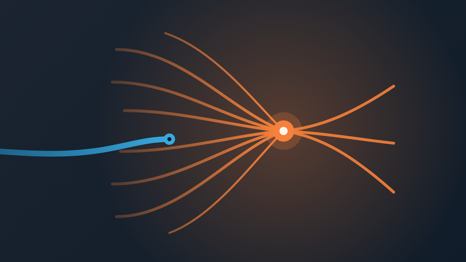 Abstract cover: a dense bundle of warm orange threads converges on a glowing knot on the right, while one thick cold blue thread breaks away and fades out to the left