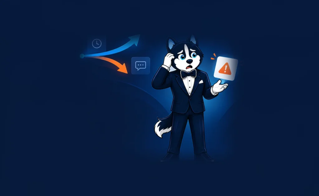 SalesBond mascot in a tuxedo beside a rising pipeline arrow, a falling arrow and a warning sign