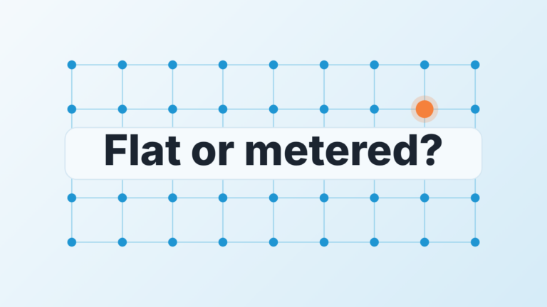 Grid of blue nodes with one orange node above the question "Flat or metered?", the pricing choice for Agentforce