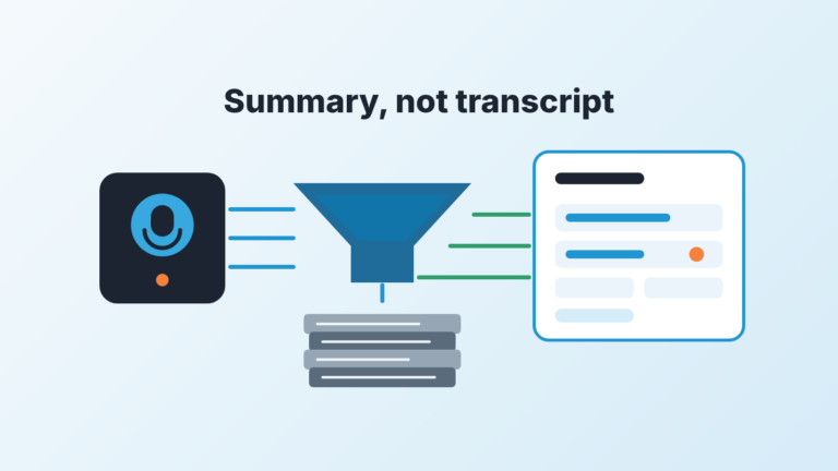 Meeting recorder sending a short summary, next step and a few fields to a CRM deal card while full transcripts stay behind