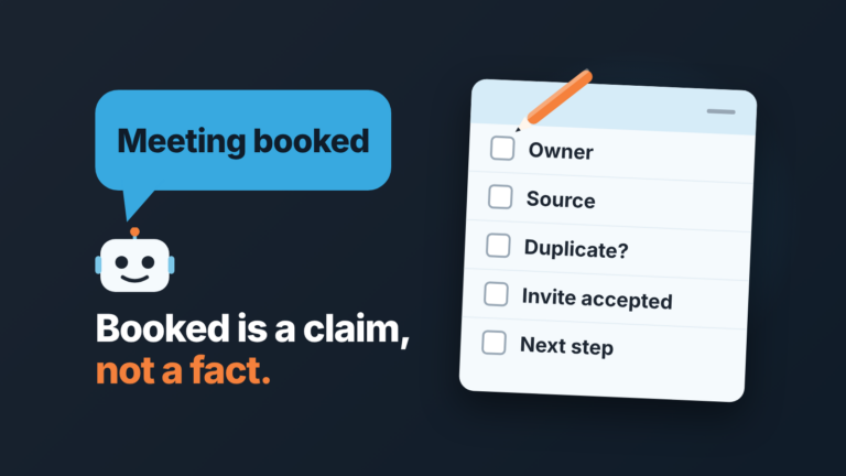 Chat bubble "Meeting booked" from a robot icon beside a CRM record card with five empty checkboxes and a pen over the first
