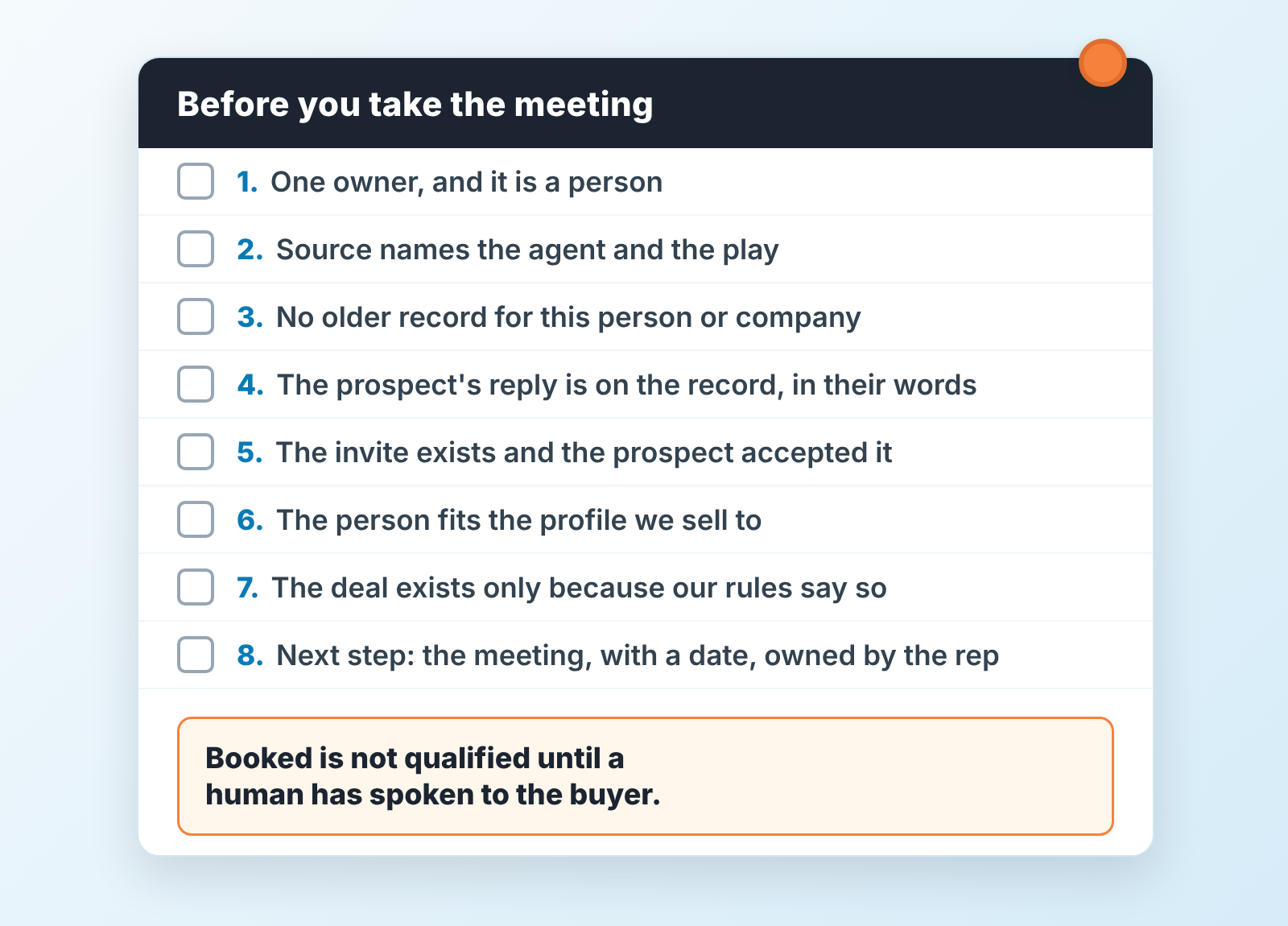 Printed checklist "Before you take the meeting" with eight empty checkboxes, one per CRM check, ending: booked is not qualified without a human call
