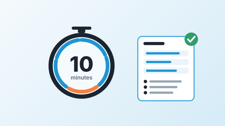 Stopwatch dial reading 10 minutes beside a checked call brief with three questions