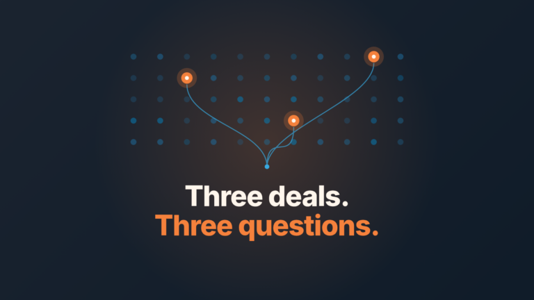 Abstract cover: a field of dim dots with three glowing orange ones, linked by thin lines to the words "Three deals. Three questions."