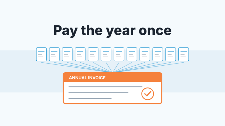 Twelve small monthly invoices converge into one large annual invoice under the words "Pay the year once"