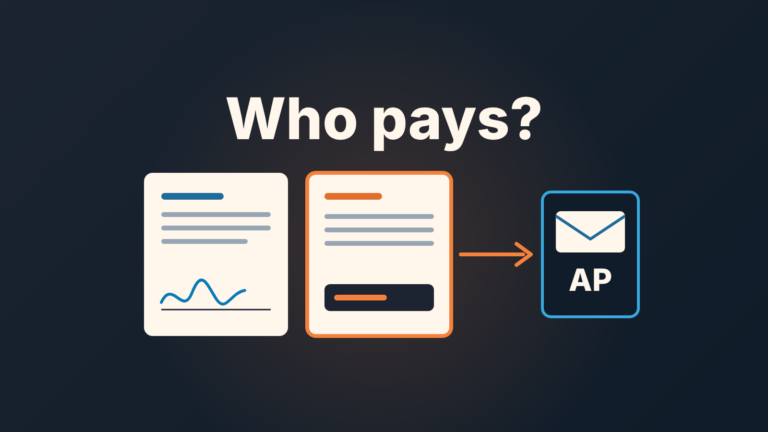 Cover: a contract and an invoice side by side, with an arrow from the invoice to an accounts payable mailbox under the words "Who pays?"