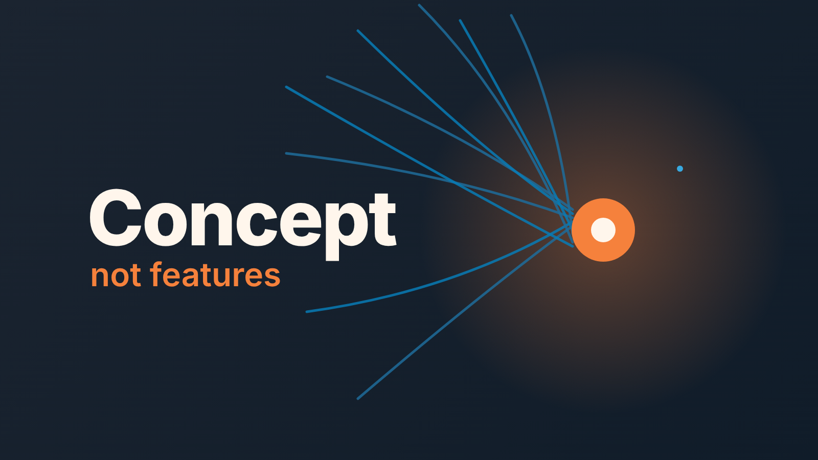 Dark cover: blue threads converge on one glowing orange node beside the words "Concept not features"