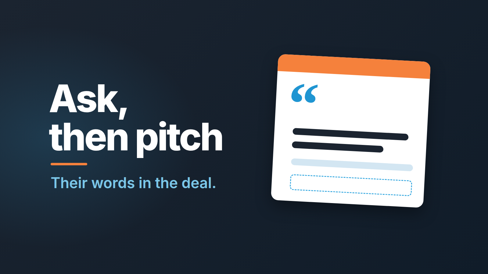 Sales rep's notepad with a customer's problem written in quotes next to a deal card in a CRM pipeline