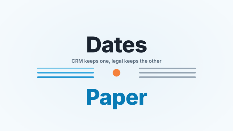Cover with the words Dates and Paper separated by blue and grey lines around an orange dot: the CRM keeps one, legal the other