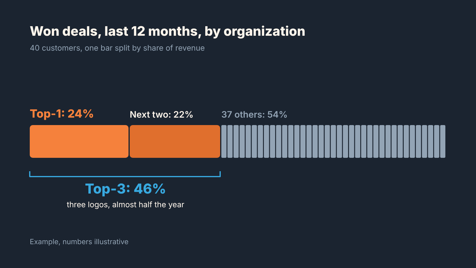 Single bar of 12 months of won deals by organization: the top customer and the next two are almost half of revenue, 37 others share the rest