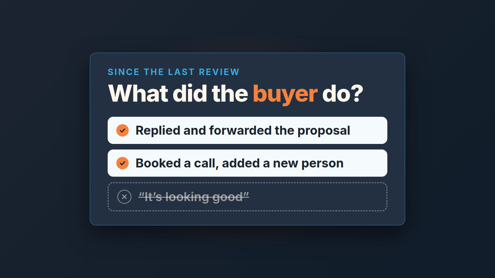 Cover: deal review questions that ask what the buyer did, not what the rep feels