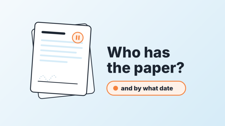 Stack of contract pages with a pause mark, next to the question who has the paper and by what date