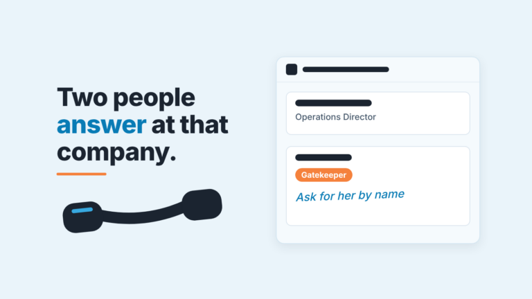 Cover: a desk phone handset beside two contact cards of one company, buyer and a receptionist tagged Gatekeeper.