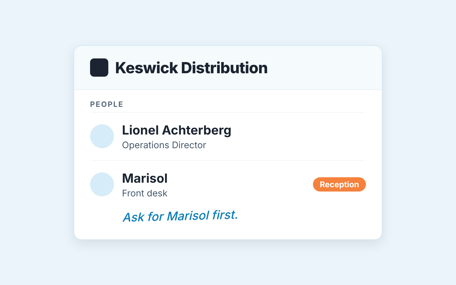 Illustrated organization card for Keswick Distribution with two people: the operations director and Marisol at the front desk.