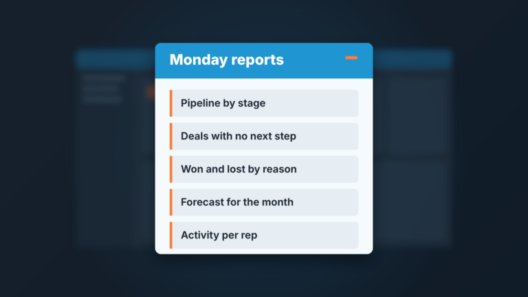 Weekly report page listing five manager reports, with a blurred CRM window behind it