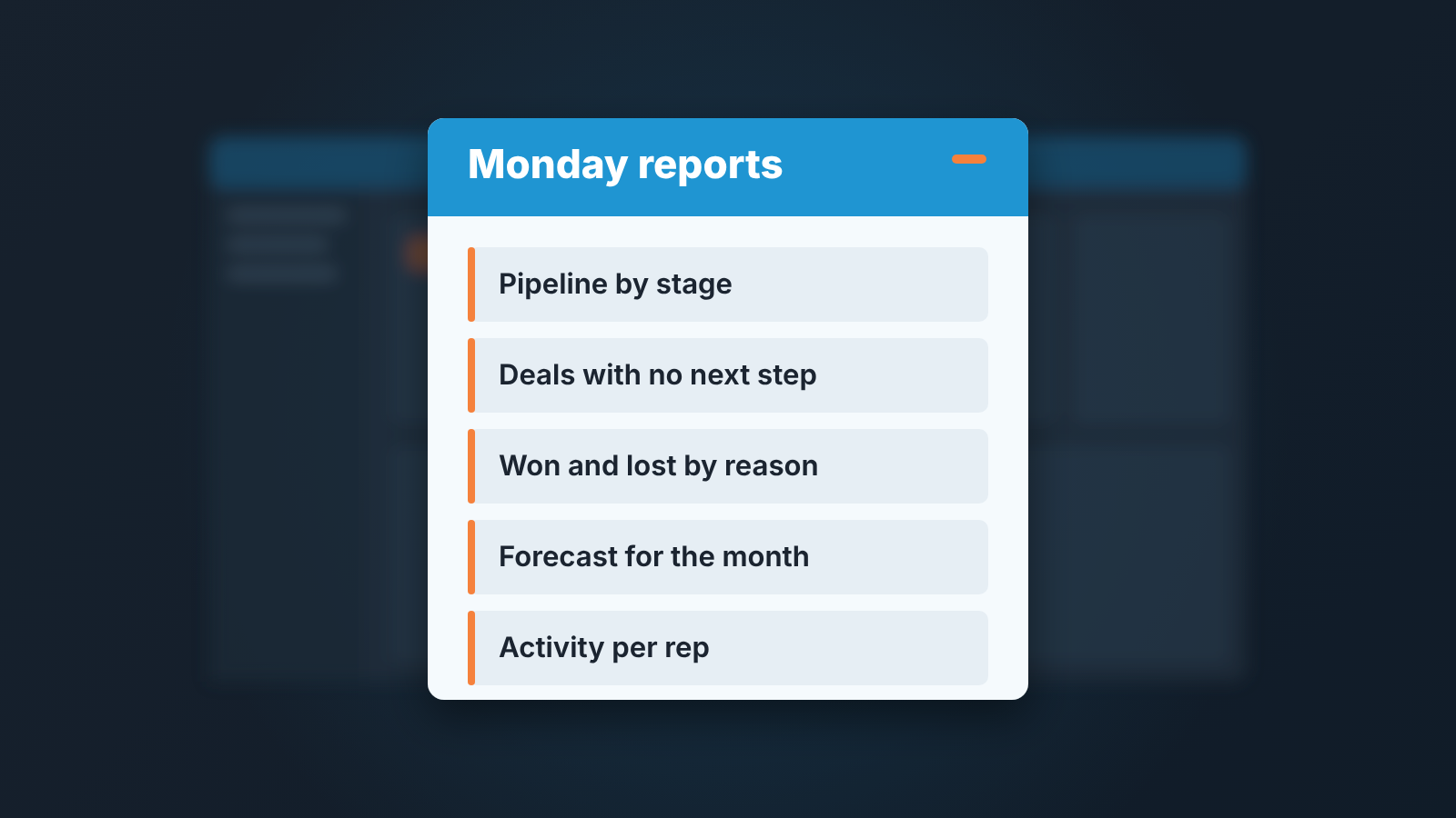 Weekly report page listing five manager reports, with a blurred CRM window behind it