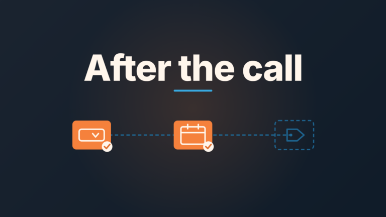 Cover with the words "After the call" above three icons: a filled outcome dropdown, a filled calendar and a dashed, still empty deal tag