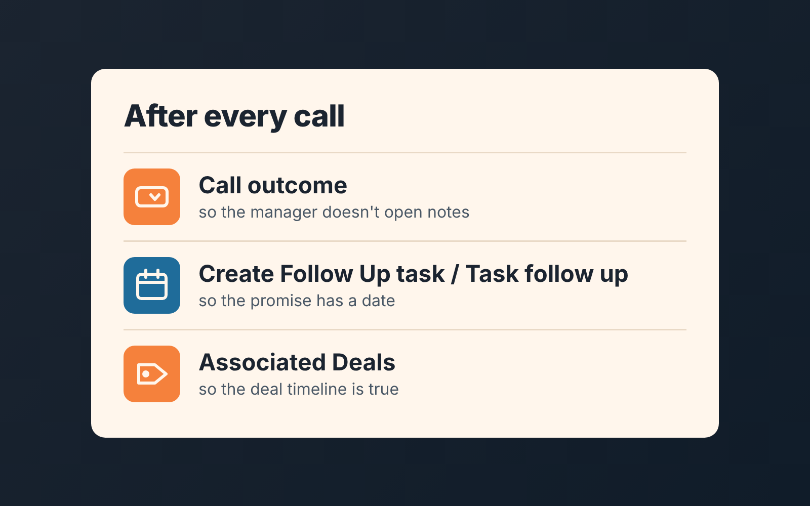 Card "After every call" with three rows: call outcome, follow-up task with a due date, associated deal, each with a one-line reason