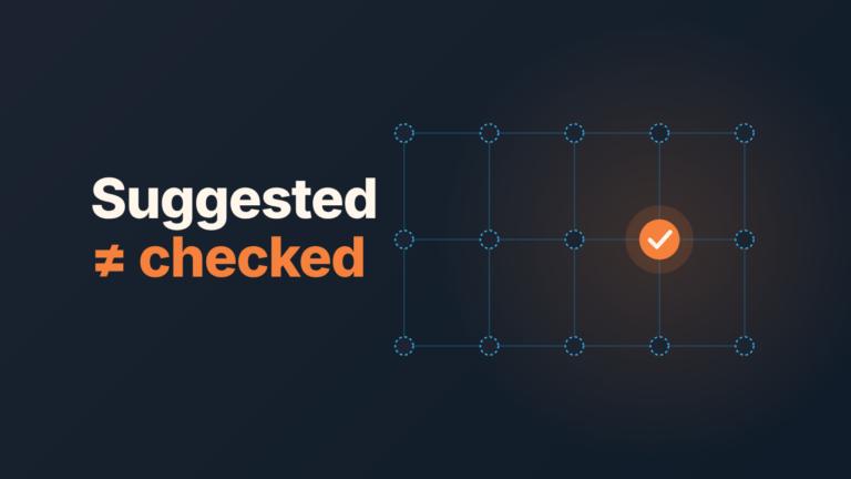 Dashed, unconfirmed grid nodes with one node confirmed by a tick: an AI suggestion is not data until someone checks it