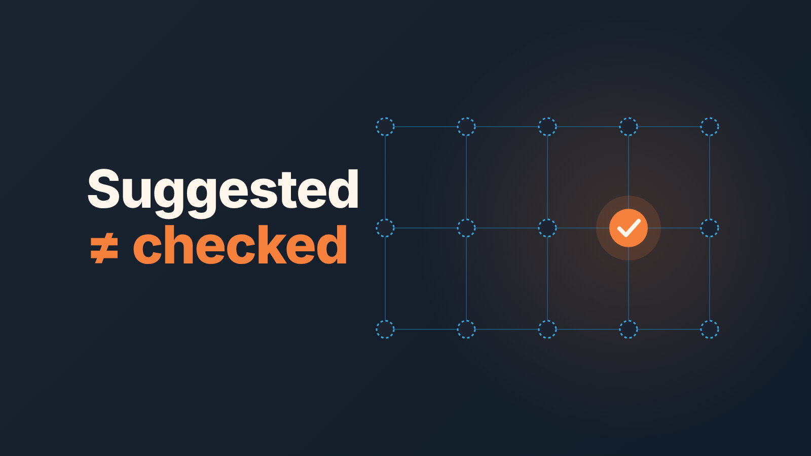 Dashed, unconfirmed grid nodes with one node confirmed by a tick: an AI suggestion is not data until someone checks it