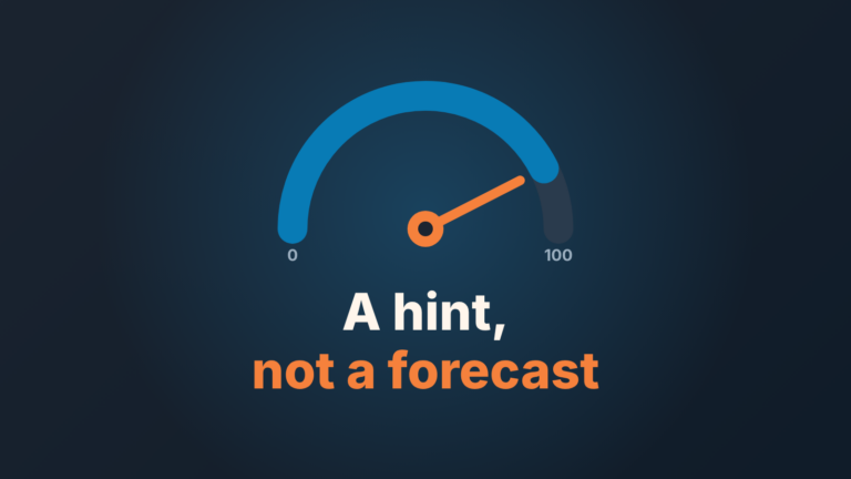 Cover: a 0–100 gauge with the needle near the top end and the words A hint, not a forecast