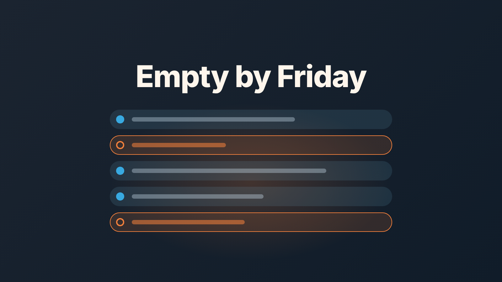 Dark cover with a list of five deal rows, two outlined in orange, and the hook "Empty by Friday"