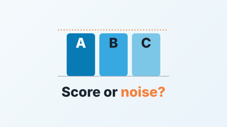 Cover: three bars labeled A, B and C of equal height under a dotted line, with the words Score or noise?