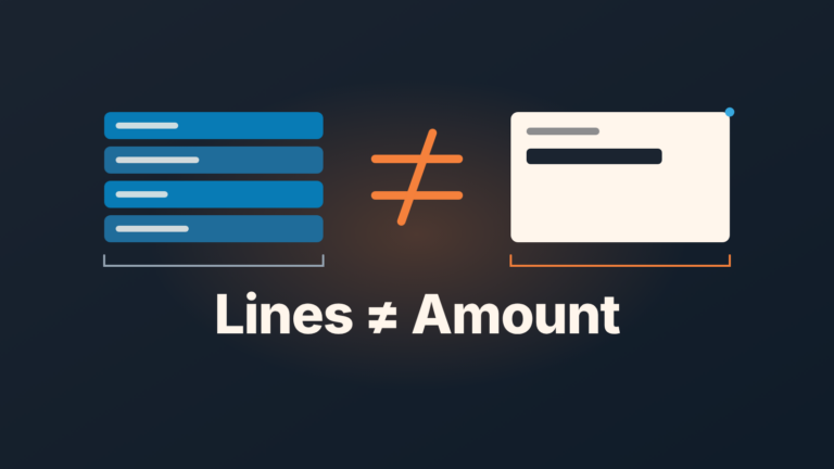 Four blue line-item bars on the left, an orange not-equal sign, and one Amount card on the right: line items are not the deal amount.