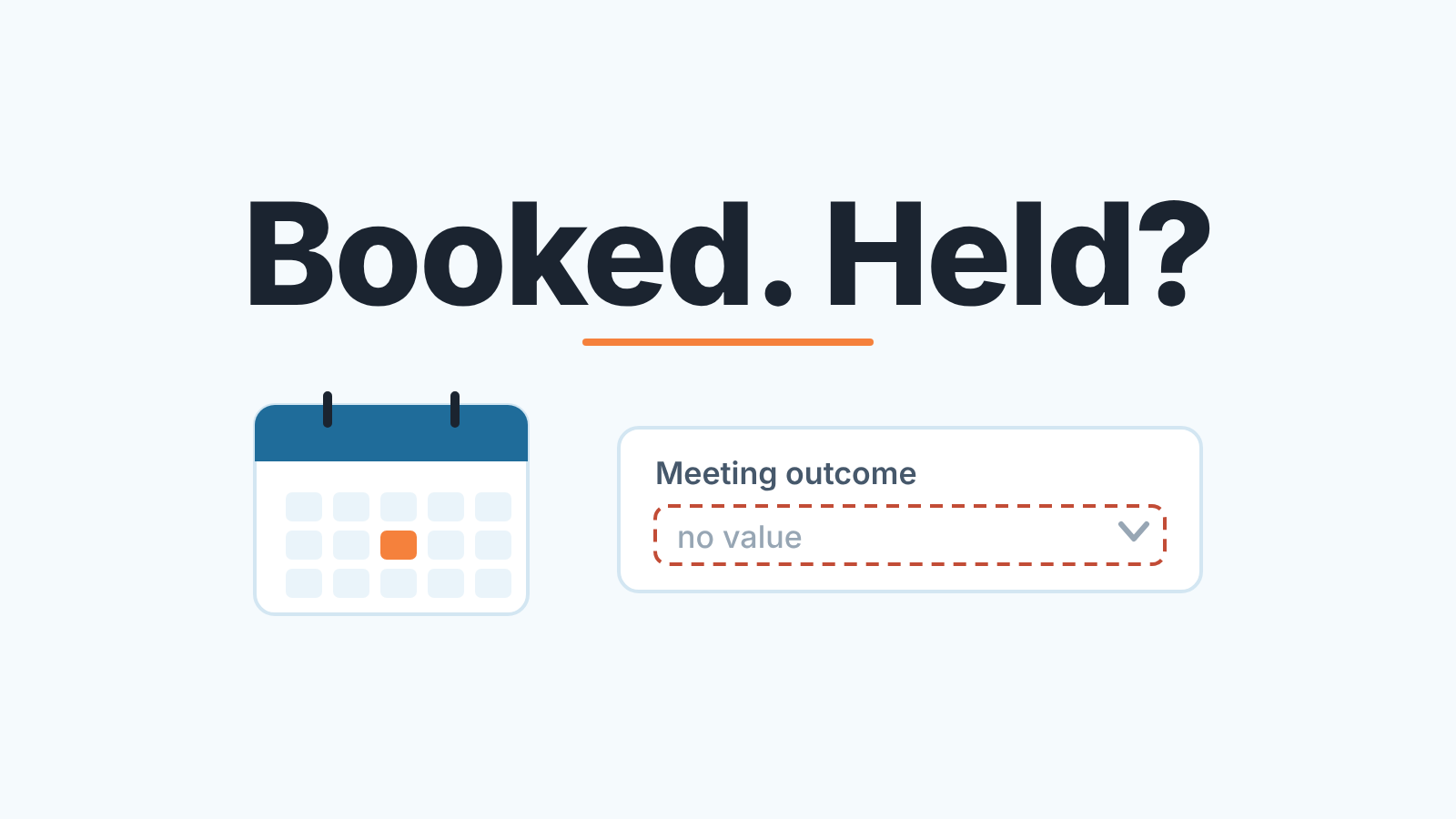 Cover with the words "Booked. Held?" above a calendar with one day marked and a Meeting outcome dropdown that has no value