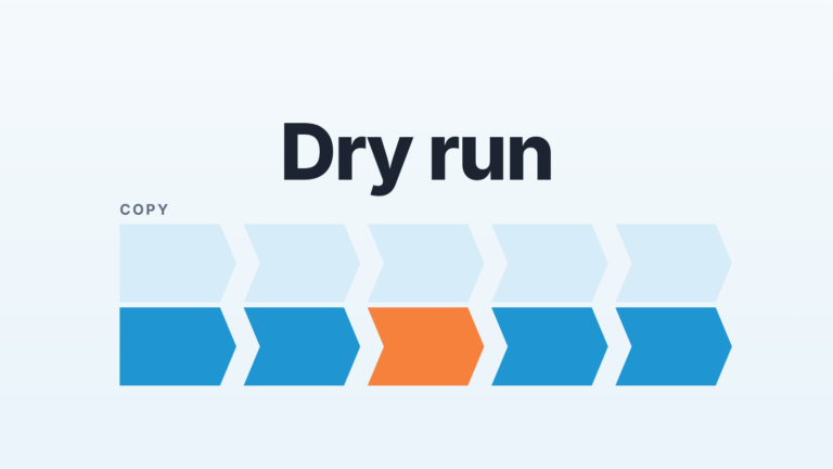 Cover: the words "Dry run" above two rows of pipeline stage chevrons, a pale copy over a solid blue row with one orange stage