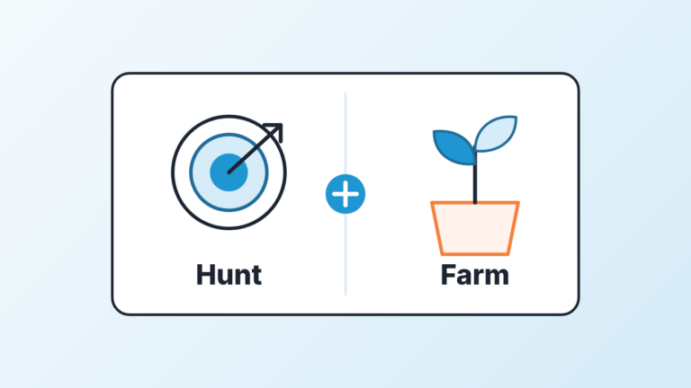 Target and a sprouting plant side by side with a plus sign between them, hunting and farming done by one team