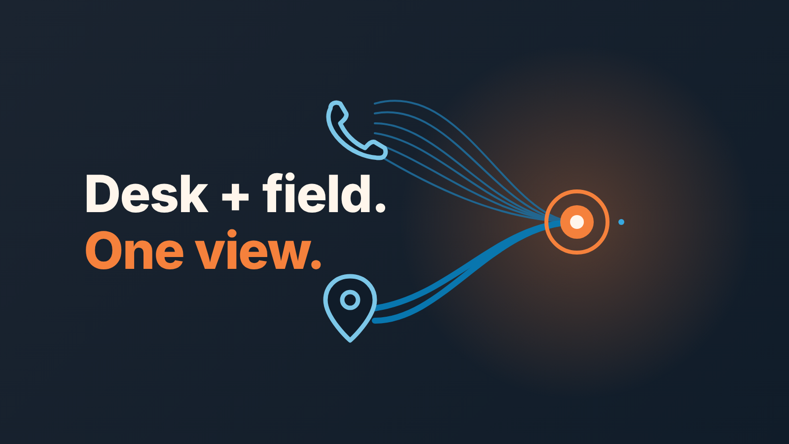 Cover: a phone icon and a map pin send lines into one orange node, with the words "Desk + field. One view."