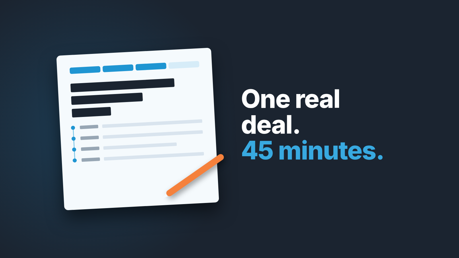 Paper deal card with a four-stage progress bar, a short timeline and blacked-out name and value, next to the words "One real deal. 45 minutes."