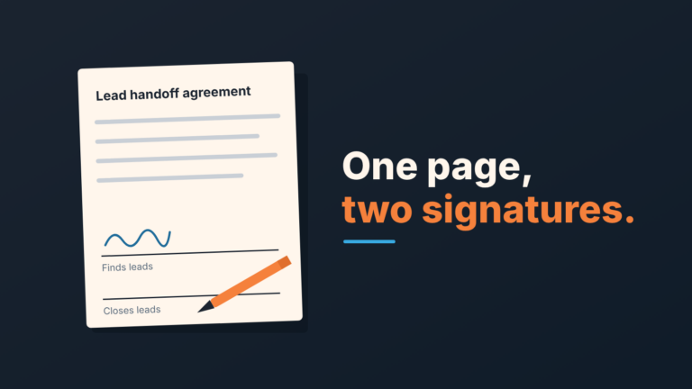 Cover: a Lead handoff agreement sheet with two signature lines, the first signed and a pen at the second. Headline: One page, two signatures.