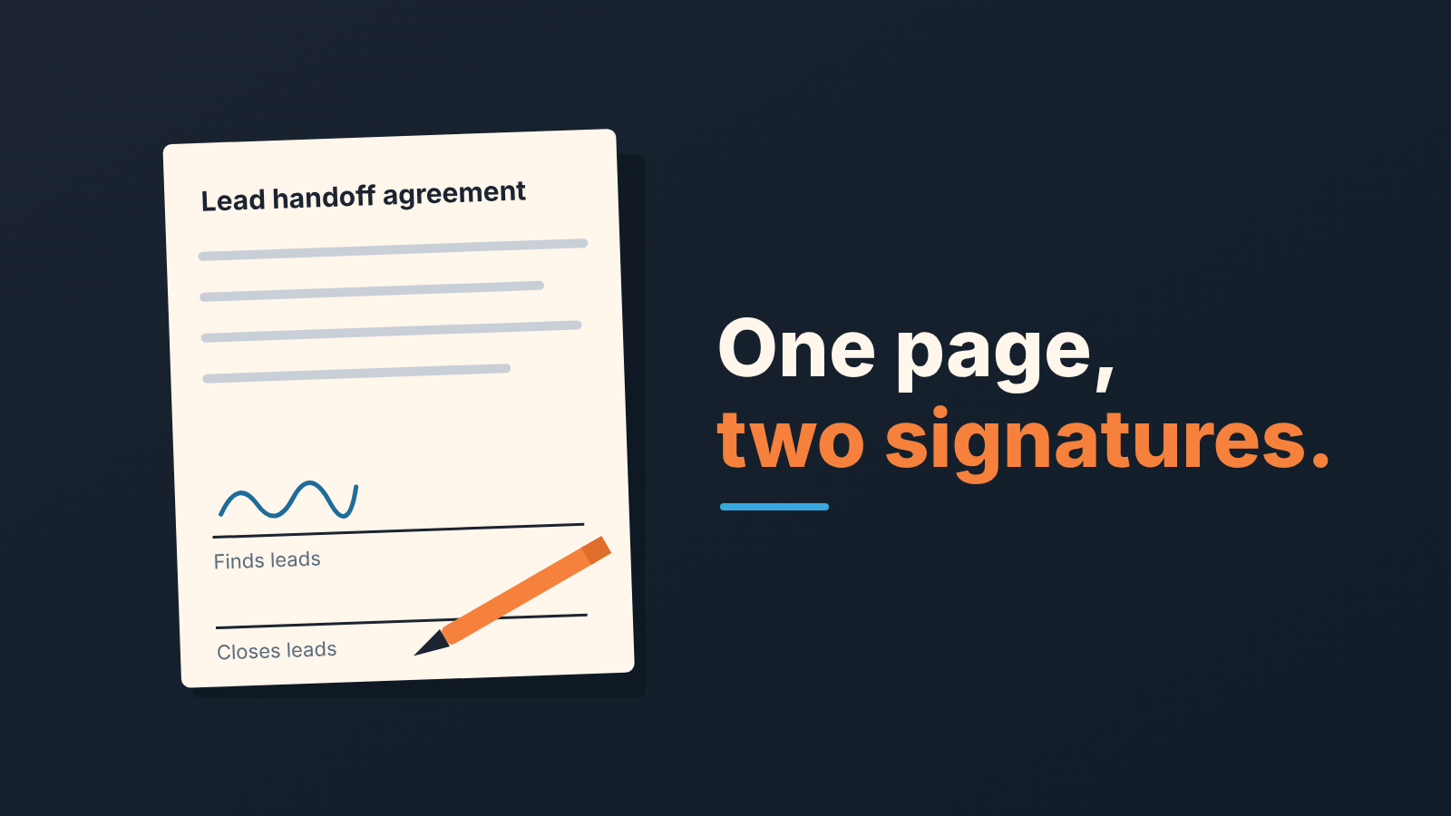 Cover: a Lead handoff agreement sheet with two signature lines, the first signed and a pen at the second. Headline: One page, two signatures.