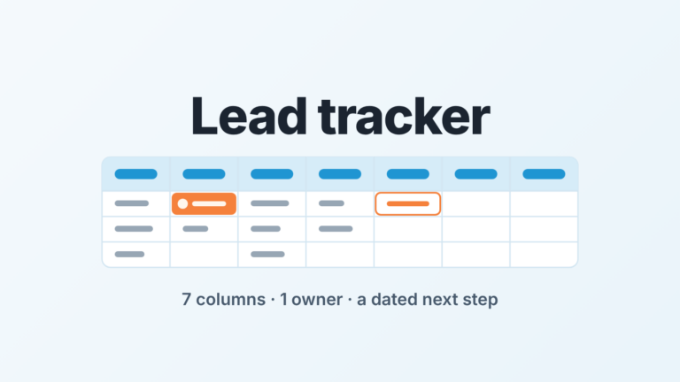 Lead tracker sheet with seven columns, one cell marked with an owner and one with a dated next step