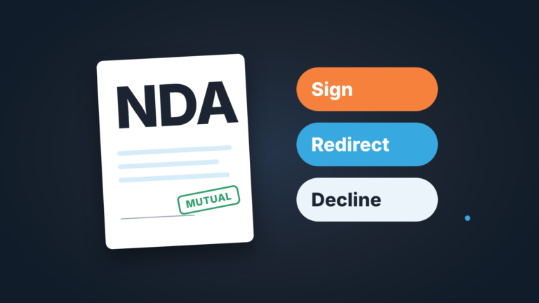 Document marked NDA with a "mutual" stamp beside three answers to a request: sign, redirect or decline