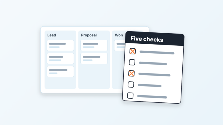 Schematic Notion-style pipeline board with Lead, Proposal and Won columns and a five-line "Five checks" scorecard in front, two boxes crossed