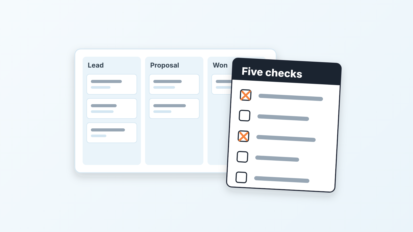 Schematic Notion-style pipeline board with Lead, Proposal and Won columns and a five-line "Five checks" scorecard in front, two boxes crossed