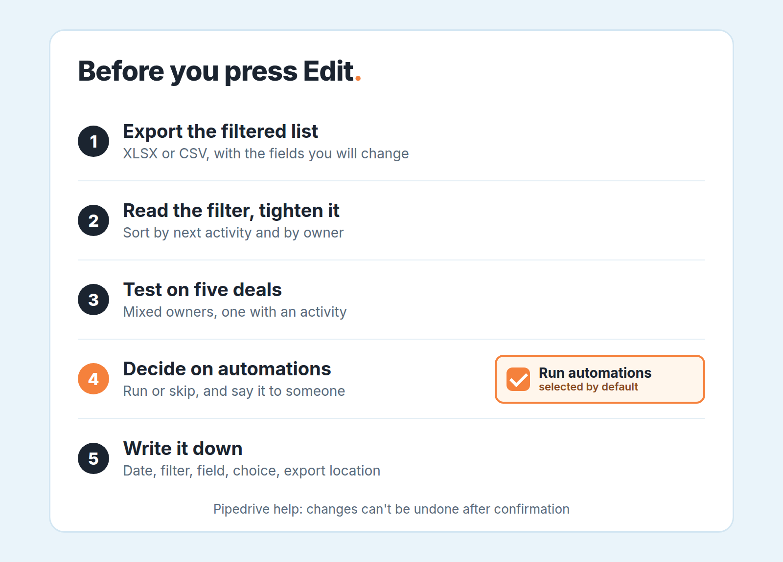 Five-step checklist before a Pipedrive bulk edit, with "Run automations" shown as selected by default at step 4
