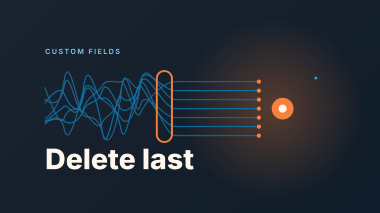 Abstract cover: tangled blue threads pass an orange gate and come out as straight parallel lines ending in orange dots, with the words "Delete last"