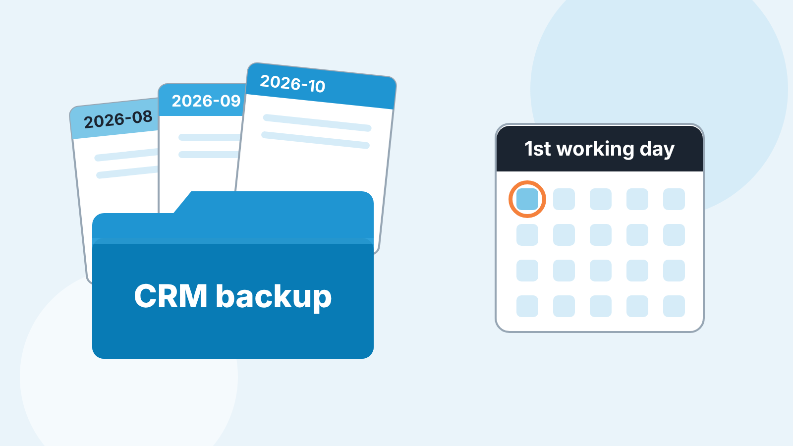 A folder of monthly CRM export files with a calendar marking the first working day of the month
