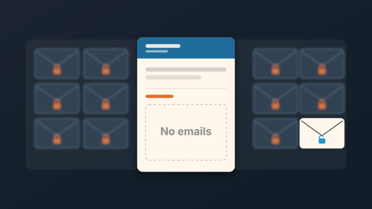 Empty "No emails" history on a deal card, with a stack of locked envelopes behind it and one open envelope at the edge